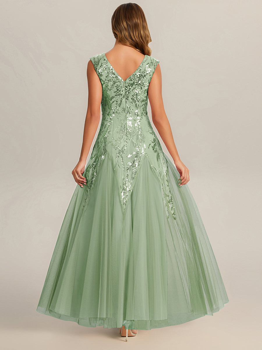 Bodenlanger V-Ausschnitt A-Linie Pailletten Kleid Mit Besticktem Blumenmuster #Farbe_Mintgrün
