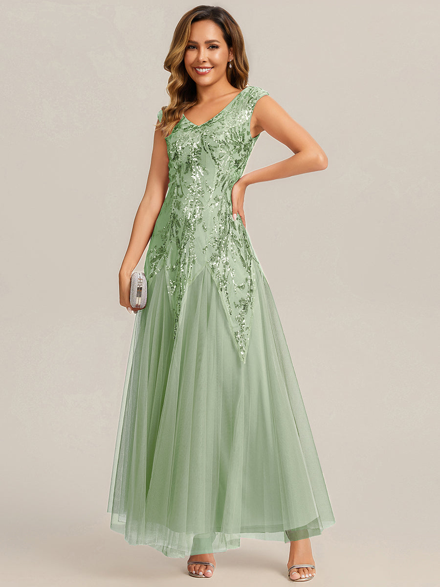 Bodenlanger V-Ausschnitt A-Linie Pailletten Kleid Mit Besticktem Blumenmuster #Farbe_Mintgrün