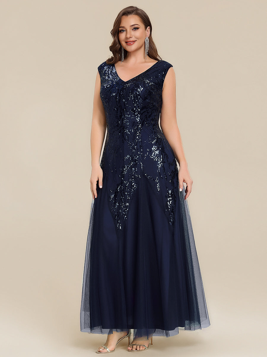 Bodenlanger V-Ausschnitt A-Linie Pailletten Kleid Mit Besticktem Blumenmuster #Farbe_Marineblau
