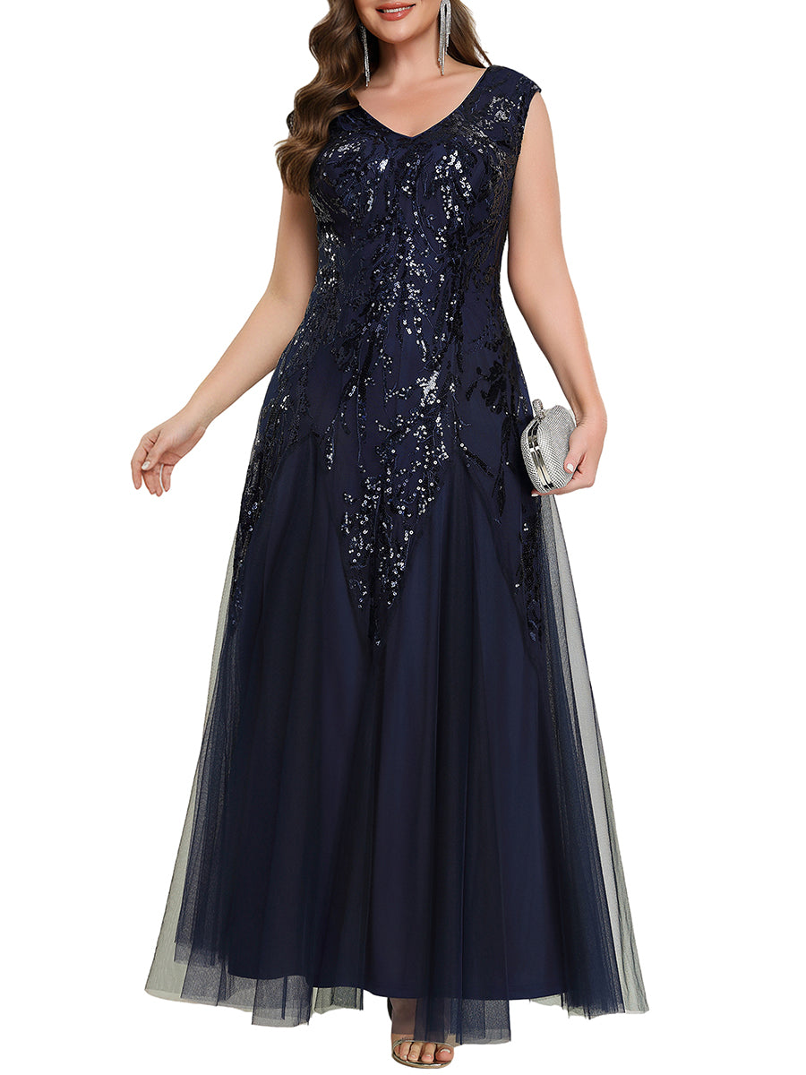 Bodenlanger V-Ausschnitt A-Linie Pailletten Kleid Mit Besticktem Blumenmuster #Farbe_Marineblau
