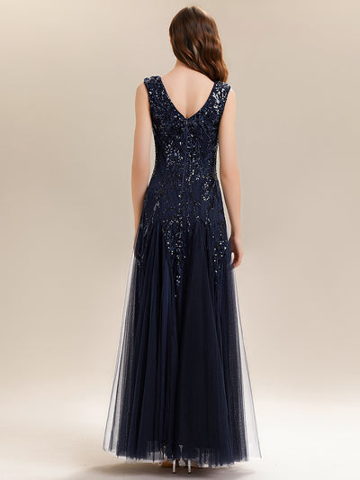 Bodenlanger V-Ausschnitt A-Linie Pailletten Kleid Mit Besticktem Blumenmuster #Farbe_Marineblau