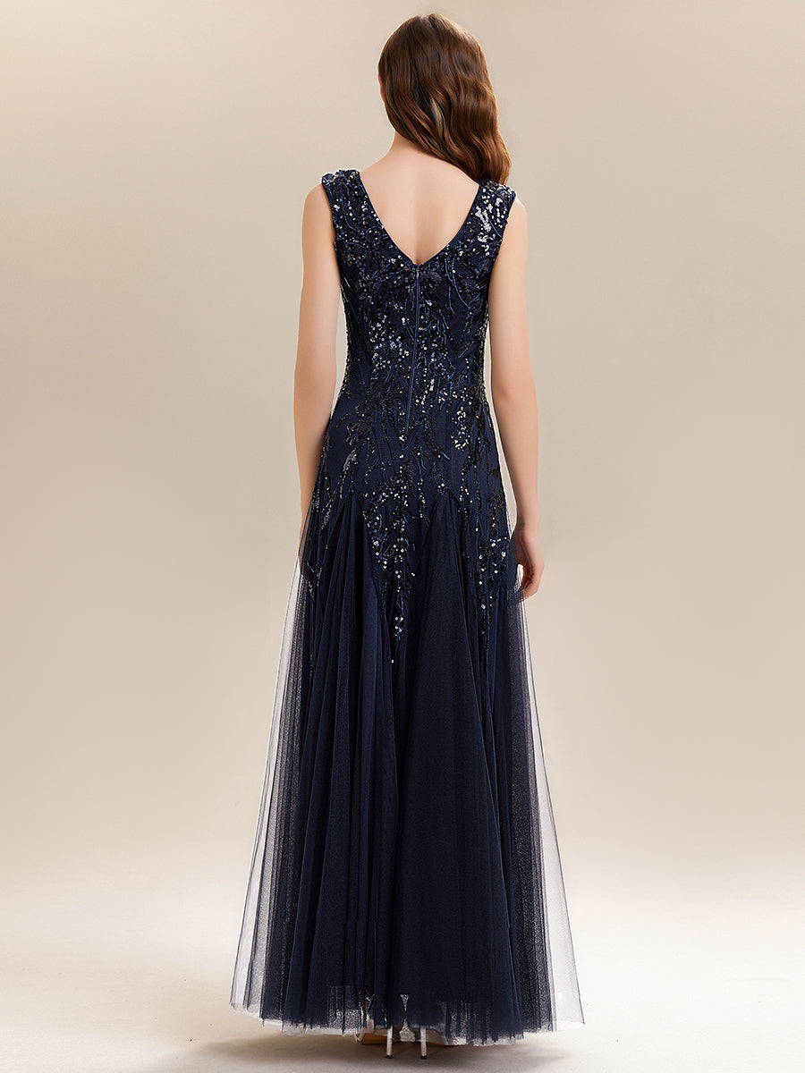 Bodenlanger V-Ausschnitt A-Linie Pailletten Kleid Mit Besticktem Blumenmuster #Farbe_Marineblau