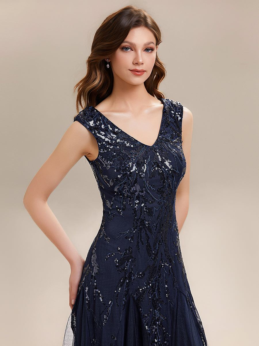 Bodenlanger V-Ausschnitt A-Linie Pailletten Kleid Mit Besticktem Blumenmuster #Farbe_Marineblau