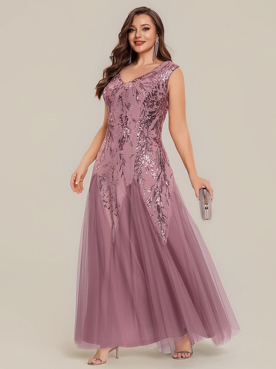 Bodenlanger V-Ausschnitt A-Linie Pailletten Kleid Mit Besticktem Blumenmuster #Farbe_Orchideenviolett