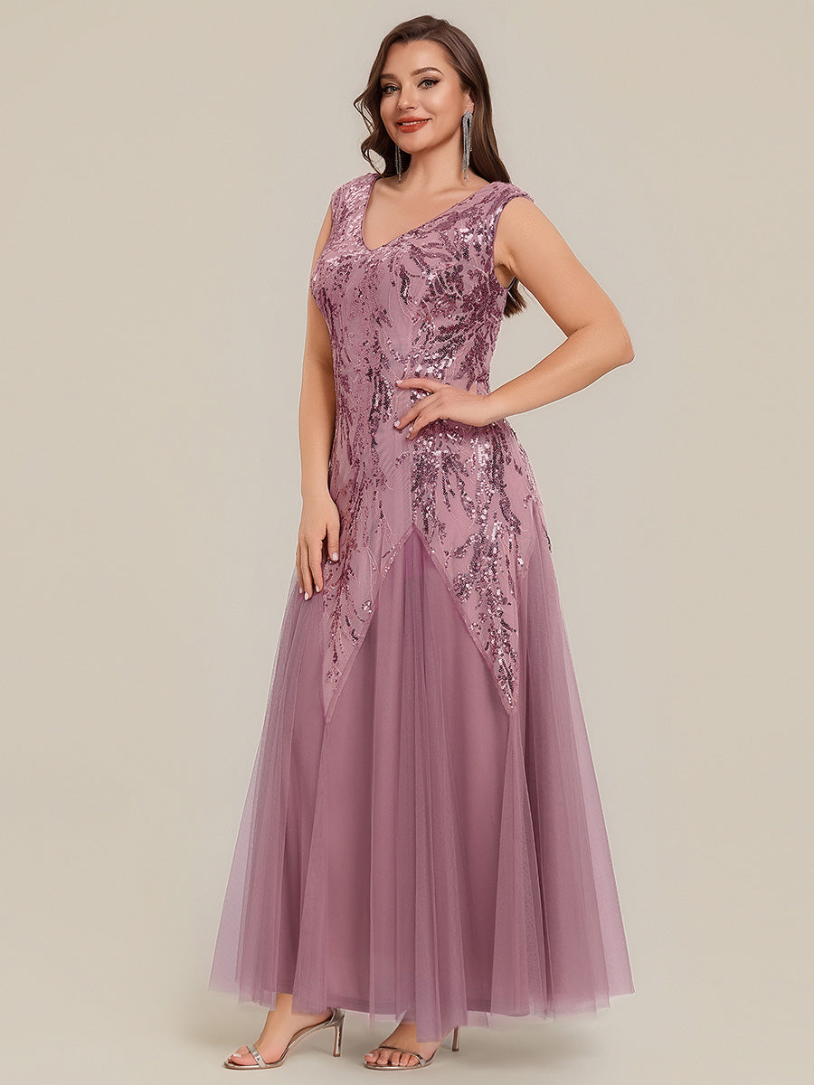 Bodenlanger V-Ausschnitt A-Linie Pailletten Kleid Mit Besticktem Blumenmuster #Farbe_Orchideenviolett