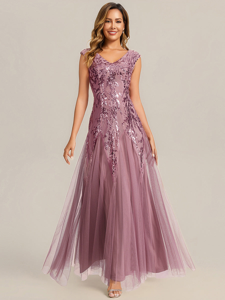Bodenlanger V-Ausschnitt A-Linie Pailletten Kleid Mit Besticktem Blumenmuster #Farbe_Orchideenviolett