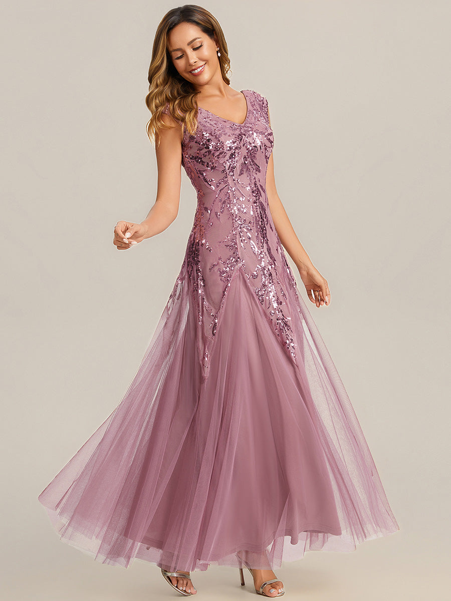 Bodenlanger V-Ausschnitt A-Linie Pailletten Kleid Mit Besticktem Blumenmuster #Farbe_Orchideenviolett