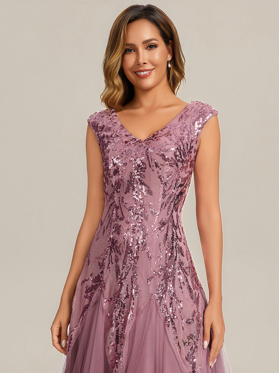 Bodenlanger V-Ausschnitt A-Linie Pailletten Kleid Mit Besticktem Blumenmuster #Farbe_Orchideenviolett