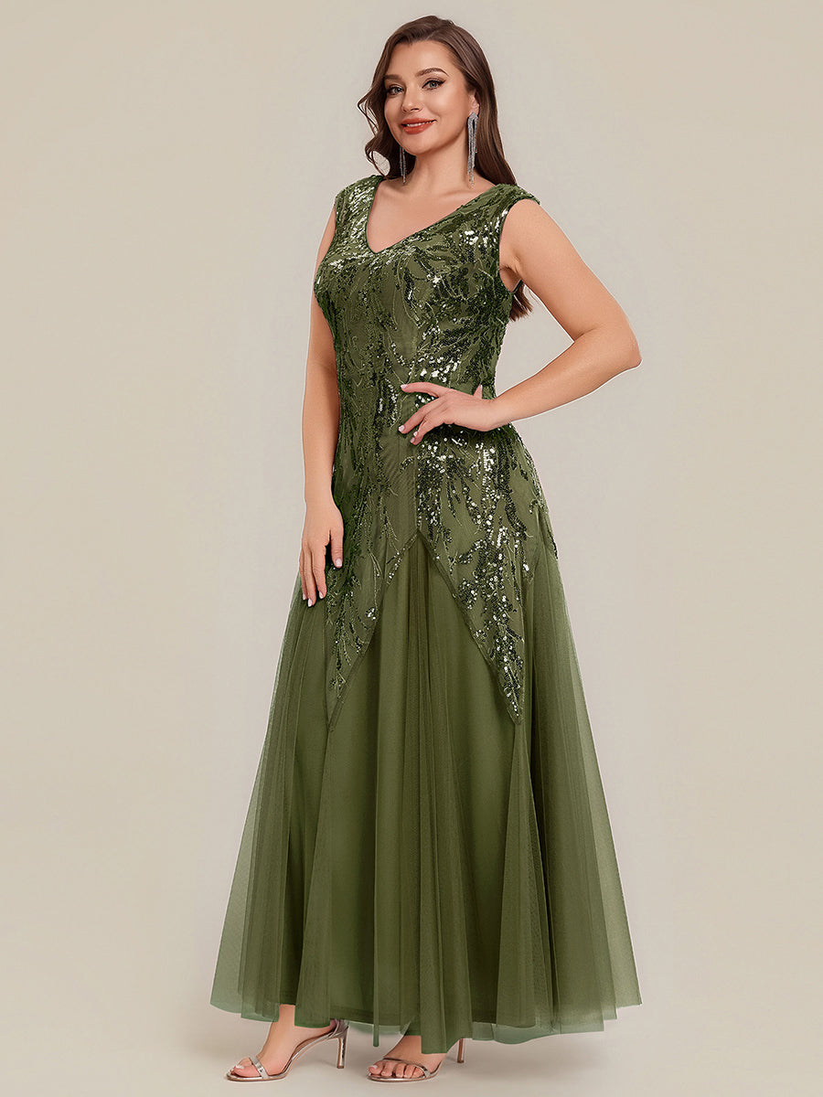 Bodenlanger V-Ausschnitt A-Linie Pailletten Kleid Mit Besticktem Blumenmuster #Farbe_Olivgrün