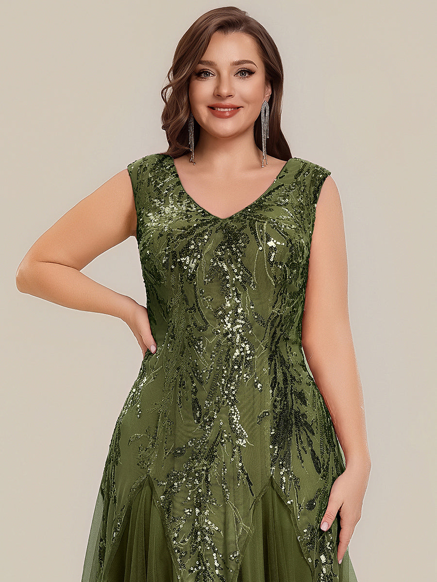 Bodenlanger V-Ausschnitt A-Linie Pailletten Kleid Mit Besticktem Blumenmuster #Farbe_Olivgrün