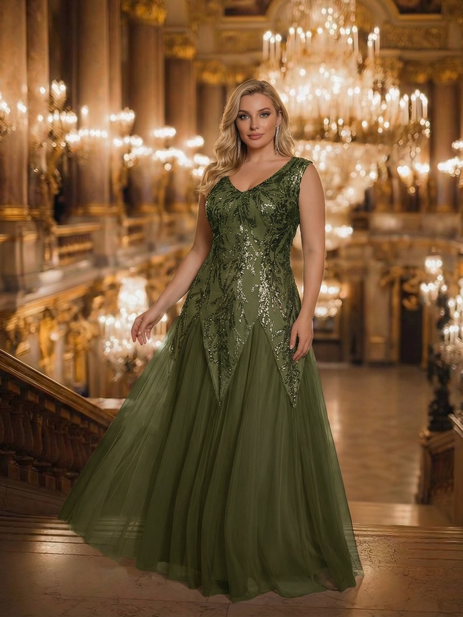 Bodenlanger V-Ausschnitt A-Linie Pailletten Kleid Mit Besticktem Blumenmuster #Farbe_Olivgrün