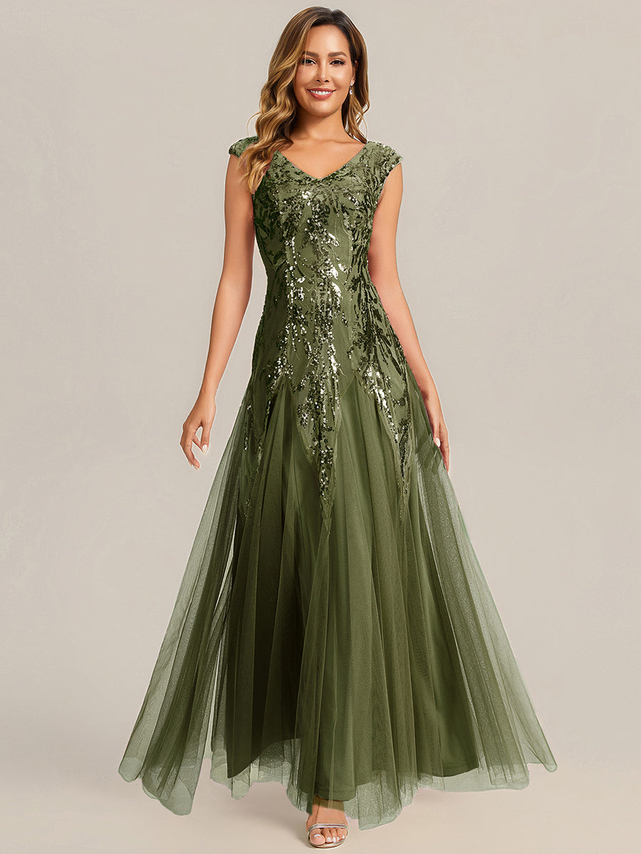 Bodenlanger V-Ausschnitt A-Linie Pailletten Kleid Mit Besticktem Blumenmuster #Farbe_Olivgrün