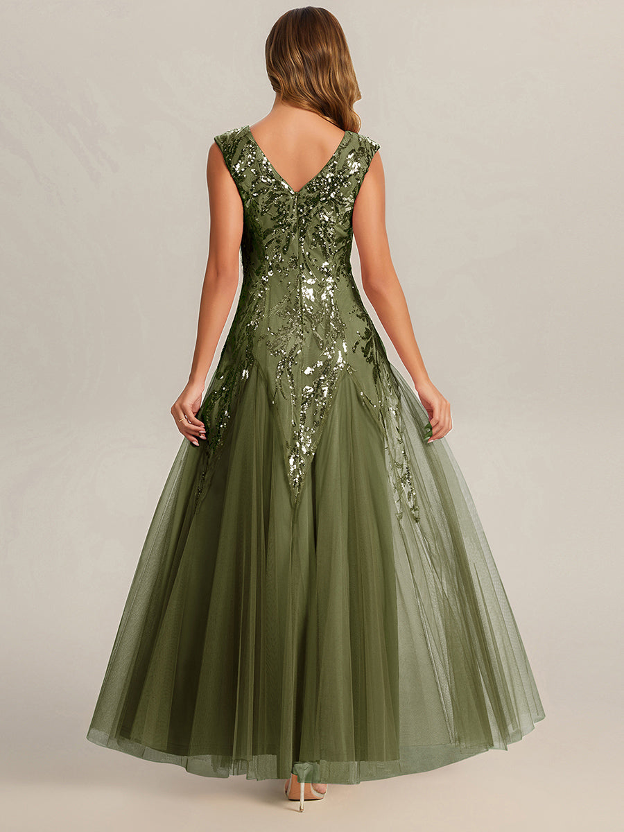 Bodenlanger V-Ausschnitt A-Linie Pailletten Kleid Mit Besticktem Blumenmuster #Farbe_Olivgrün