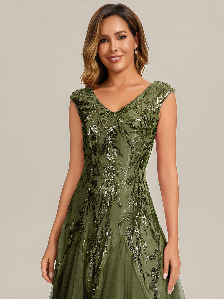 Bodenlanger V-Ausschnitt A-Linie Pailletten Kleid Mit Besticktem Blumenmuster #Farbe_Olivgrün