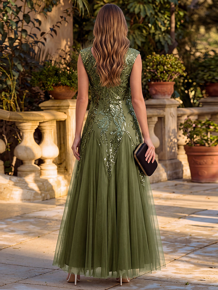 Bodenlanger V-Ausschnitt A-Linie Pailletten Kleid Mit Besticktem Blumenmuster #Farbe_Olivgrün