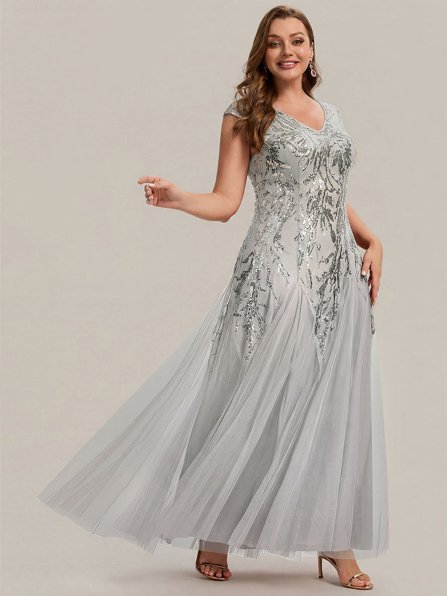 Bodenlanger V-Ausschnitt A-Linie Pailletten Kleid Mit Besticktem Blumenmuster #Farbe_Silber