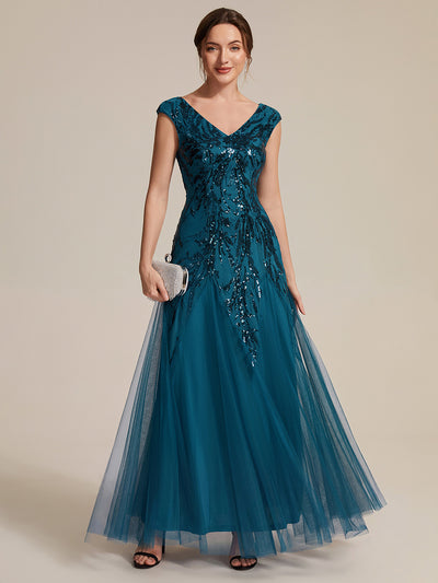 Bodenlanger V-Ausschnitt A-Linie Pailletten Kleid Mit Besticktem Blumenmuster #Farbe_Petrol