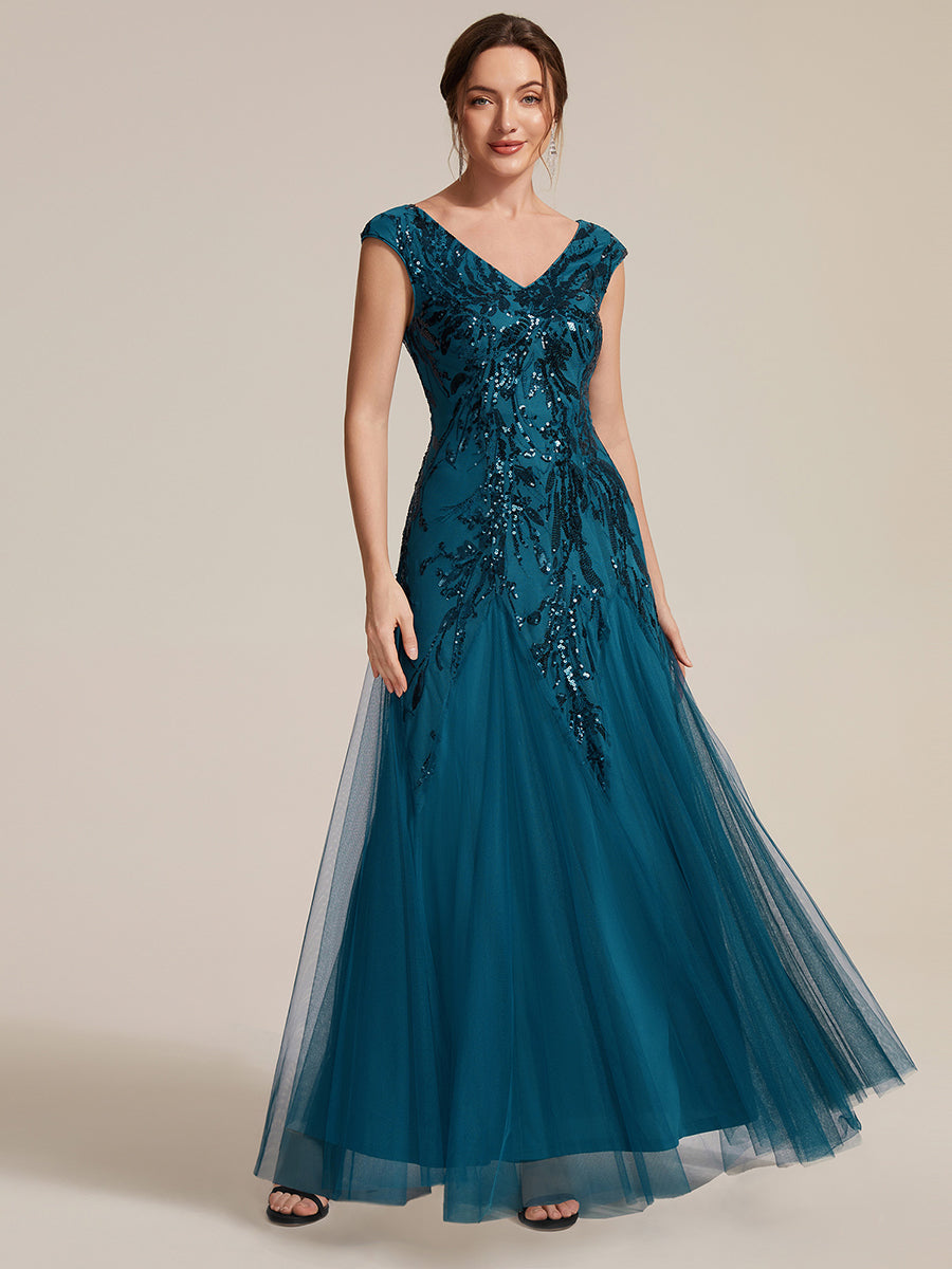 Bodenlanger V-Ausschnitt A-Linie Pailletten Kleid Mit Besticktem Blumenmuster #Farbe_Petrol