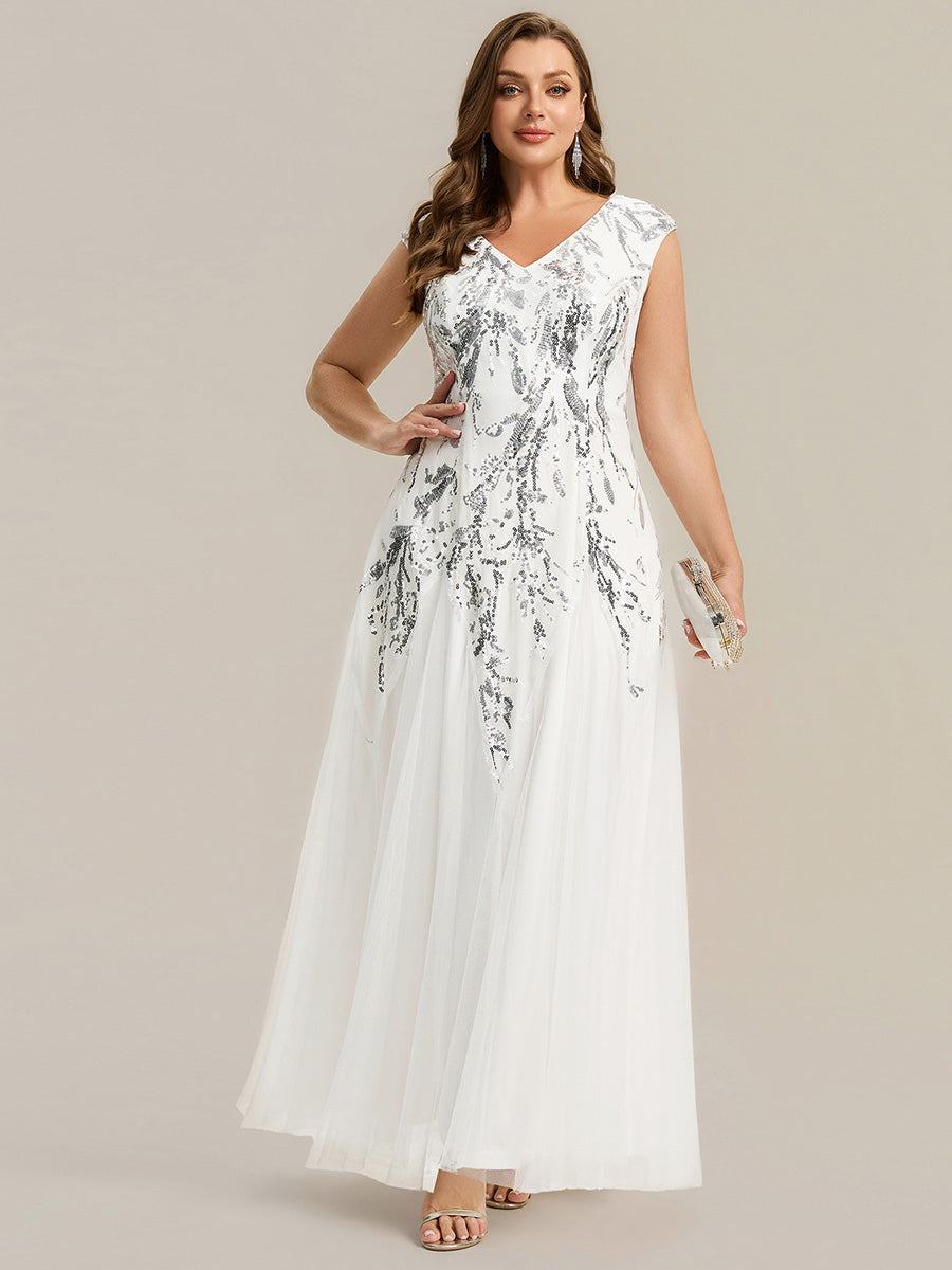 Bodenlanger V-Ausschnitt A-Linie Pailletten Kleid Mit Besticktem Blumenmuster #Farbe_Weiß