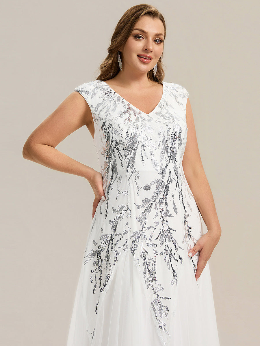 Bodenlanger V-Ausschnitt A-Linie Pailletten Kleid Mit Besticktem Blumenmuster #Farbe_Weiß