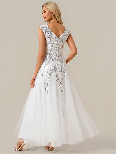 Bodenlanger V-Ausschnitt A-Linie Pailletten Kleid Mit Besticktem Blumenmuster #Farbe_Weiß