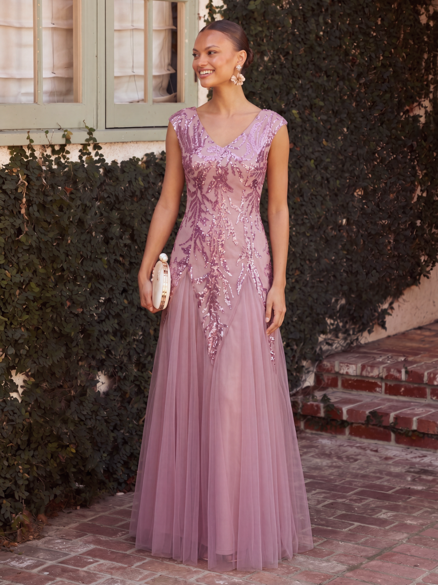 Bodenlanger V-Ausschnitt A-Linie Pailletten Kleid Mit Besticktem Blumenmuster #Farbe_Orchideenviolett