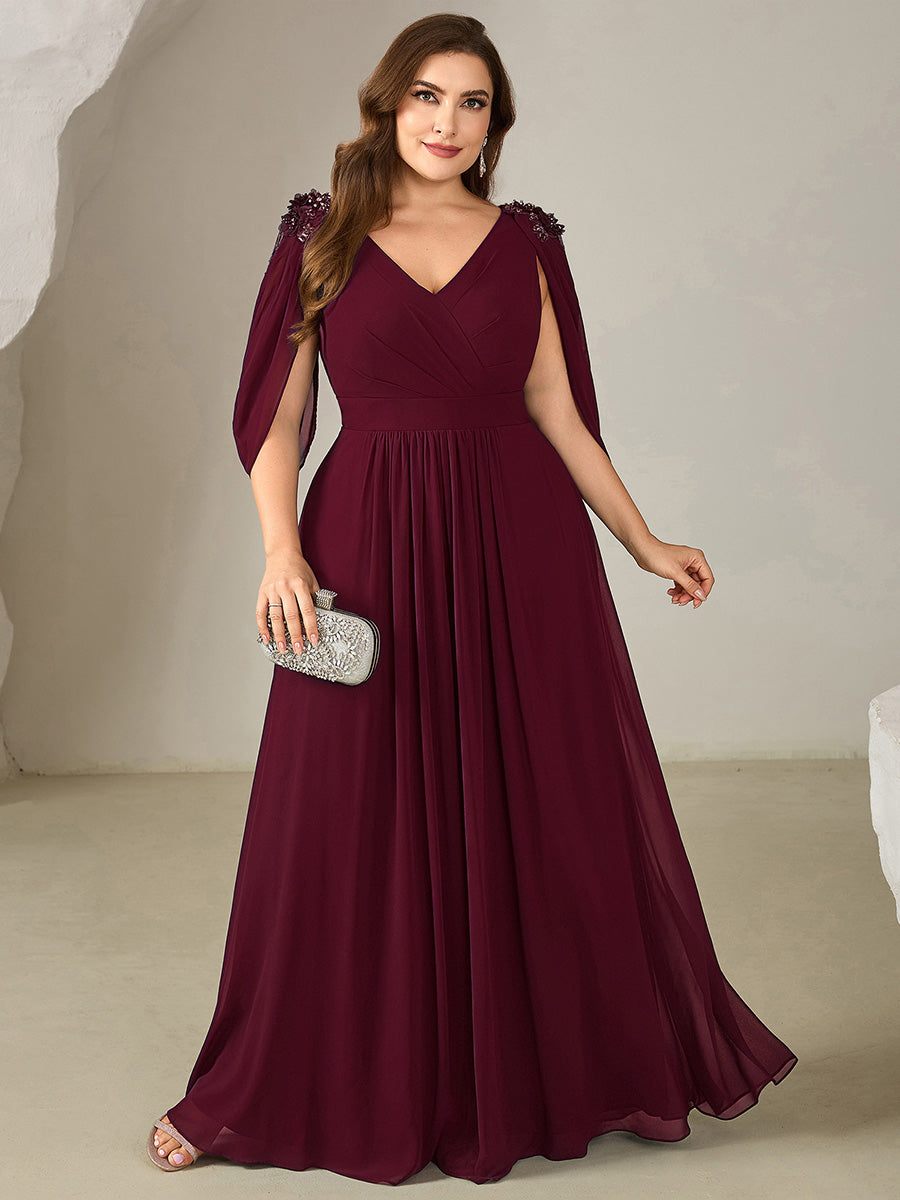 Bodenlanger V-Ausschnitt A-Linie Chiffonkleid Mit Blumenmuster Perlenapplikationen Und Raffung #Farbe_Burgunderrot