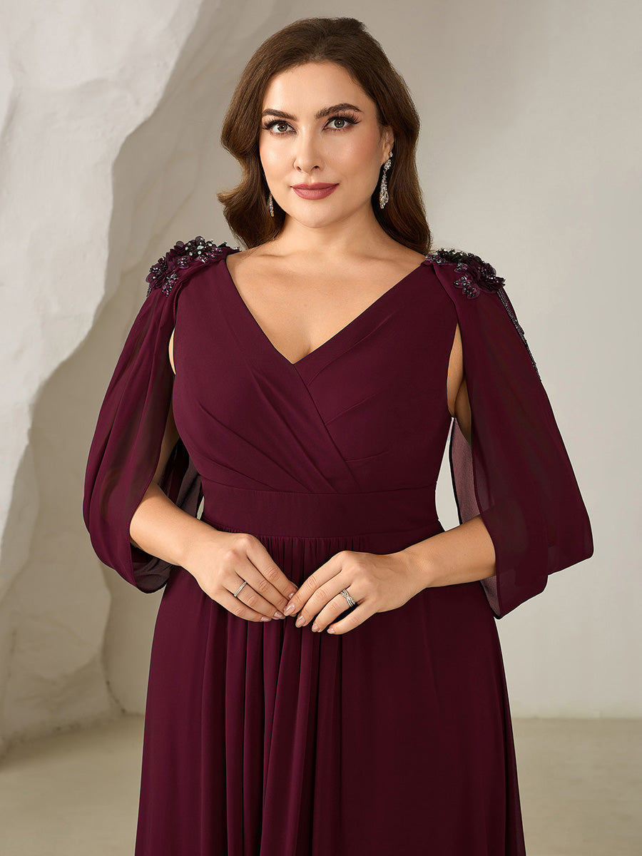 Bodenlanger V-Ausschnitt A-Linie Chiffonkleid Mit Blumenmuster Perlenapplikationen Und Raffung #Farbe_Burgunderrot