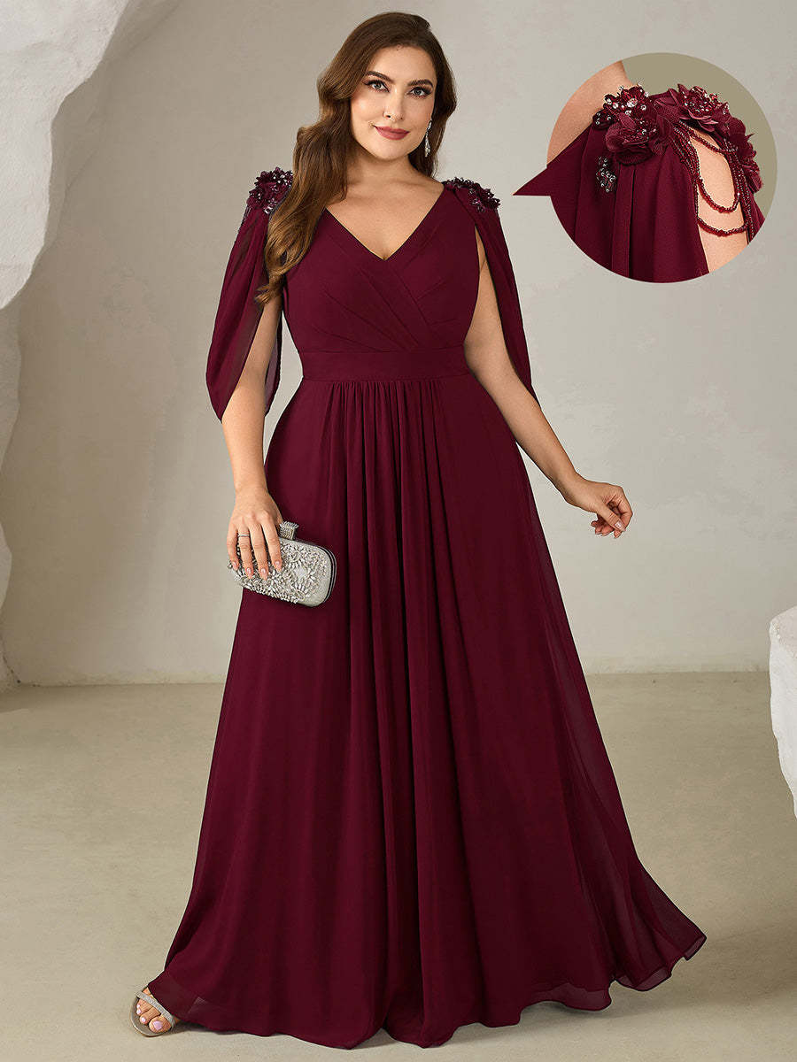 Bodenlanger V-Ausschnitt A-Linie Chiffonkleid Mit Blumenmuster Perlenapplikationen Und Raffung #Farbe_Burgunderrot