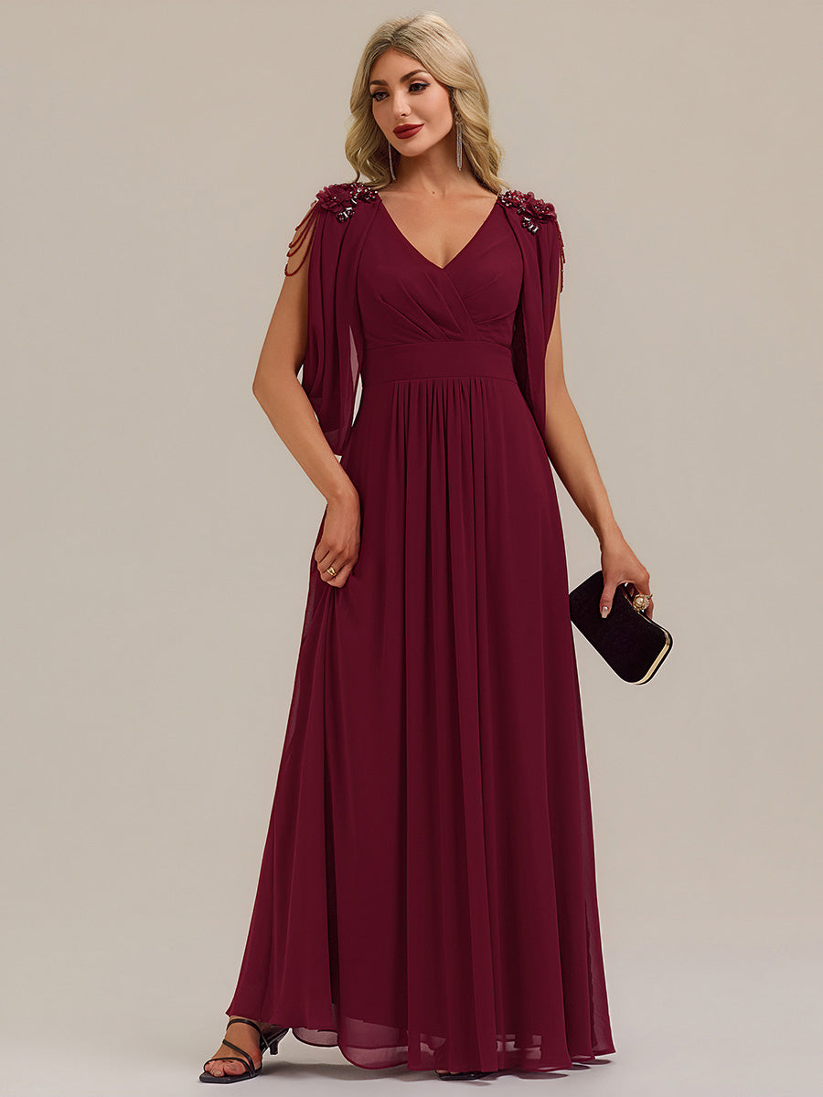 Bodenlanger V-Ausschnitt A-Linie Chiffonkleid Mit Blumenmuster Perlenapplikationen Und Raffung #Farbe_Burgunderrot