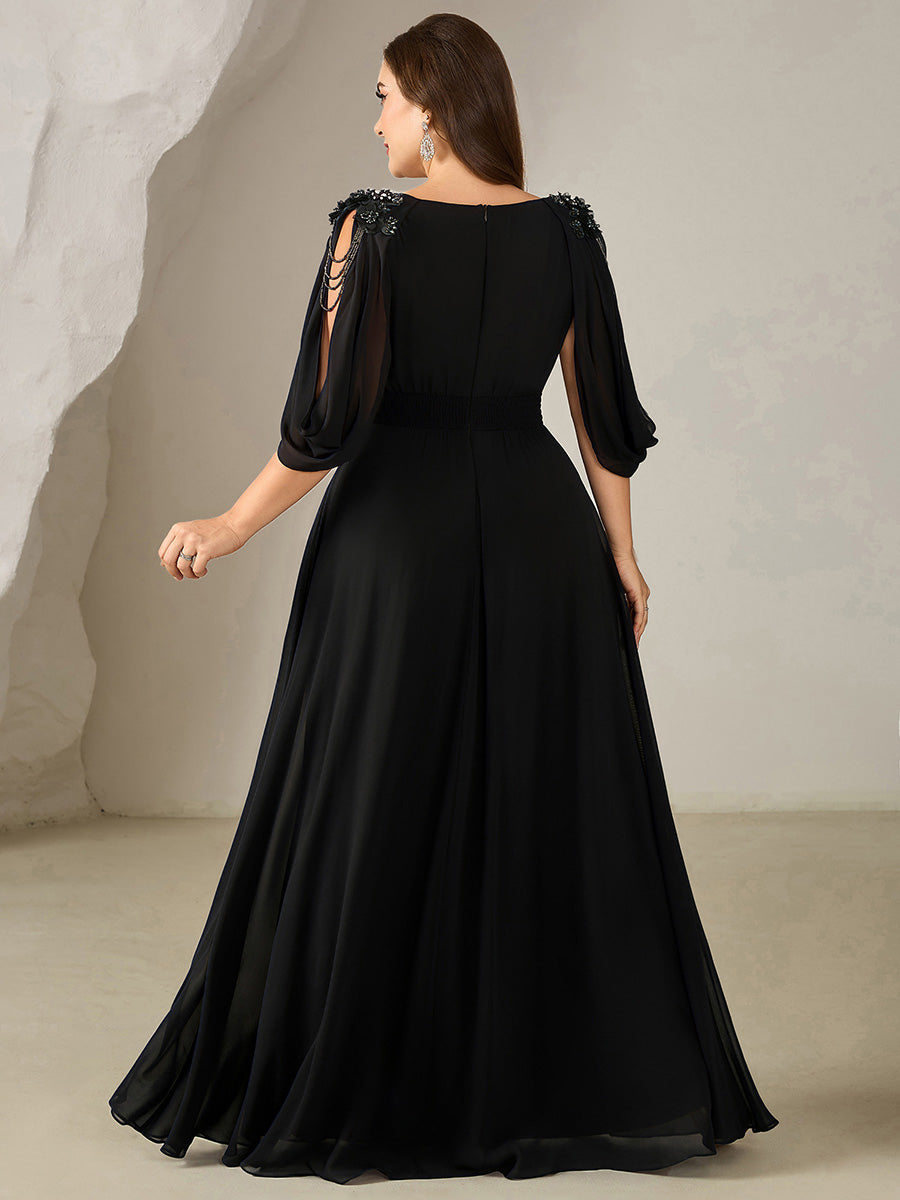 Bodenlanger V-Ausschnitt A-Linie Chiffonkleid Mit Blumenmuster Perlenapplikationen Und Raffung #Farbe_Schwarz