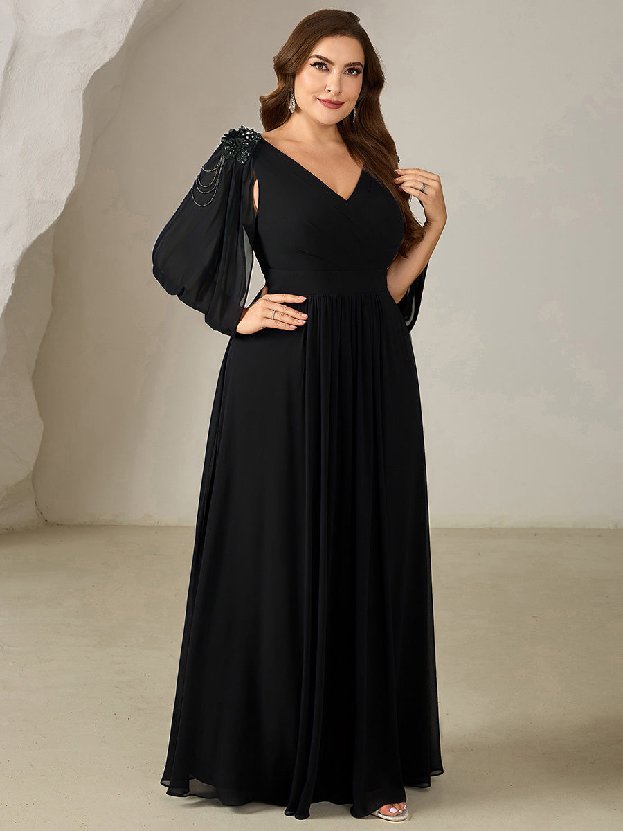 Bodenlanger V-Ausschnitt A-Linie Chiffonkleid Mit Blumenmuster Perlenapplikationen Und Raffung #Farbe_Schwarz