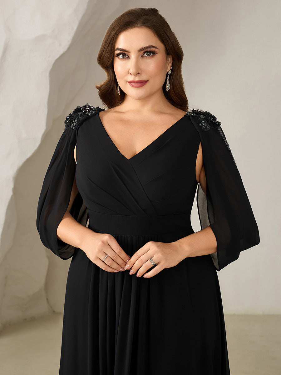 Bodenlanger V-Ausschnitt A-Linie Chiffonkleid Mit Blumenmuster Perlenapplikationen Und Raffung #Farbe_Schwarz
