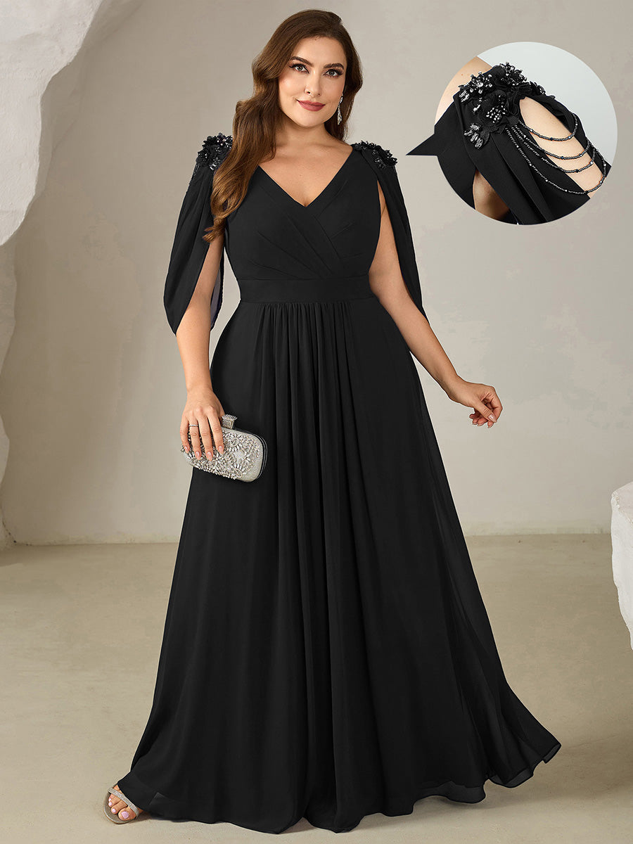 Bodenlanger V-Ausschnitt A-Linie Chiffonkleid Mit Blumenmuster Perlenapplikationen Und Raffung #Farbe_Schwarz