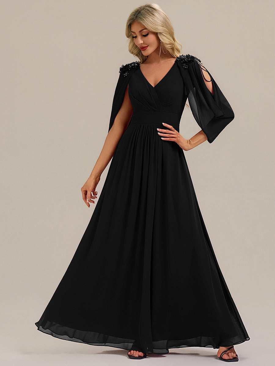 Bodenlanger V-Ausschnitt A-Linie Chiffonkleid Mit Blumenmuster Perlenapplikationen Und Raffung #Farbe_Schwarz