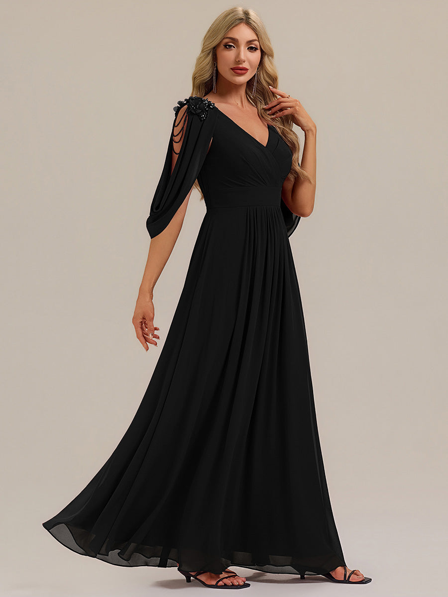 Bodenlanger V-Ausschnitt A-Linie Chiffonkleid Mit Blumenmuster Perlenapplikationen Und Raffung #Farbe_Schwarz