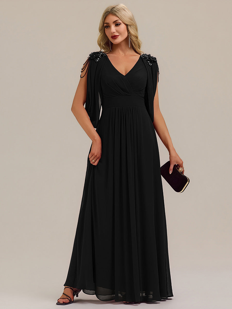 Bodenlanger V-Ausschnitt A-Linie Chiffonkleid Mit Blumenmuster Perlenapplikationen Und Raffung #Farbe_Schwarz