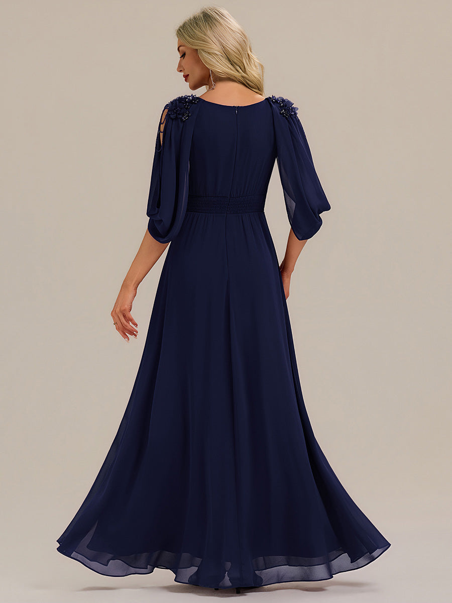 Bodenlanger V-Ausschnitt A-Linie Chiffonkleid Mit Blumenmuster Perlenapplikationen Und Raffung #Farbe_Marineblau