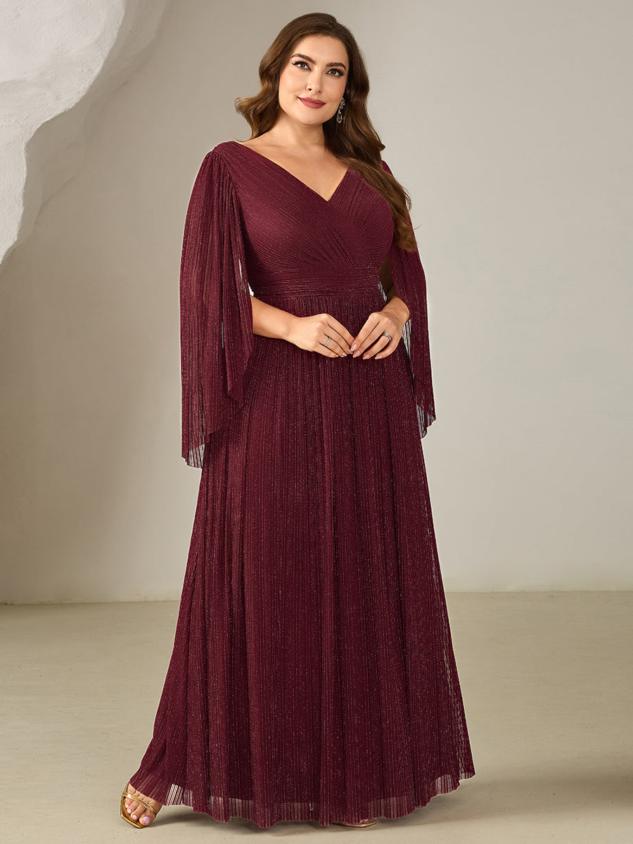 Bodenlanger A-Linien Mesh Kleid Mit Tiefem V-Ausschnitt Eleganz #Farbe_Burgunderrot