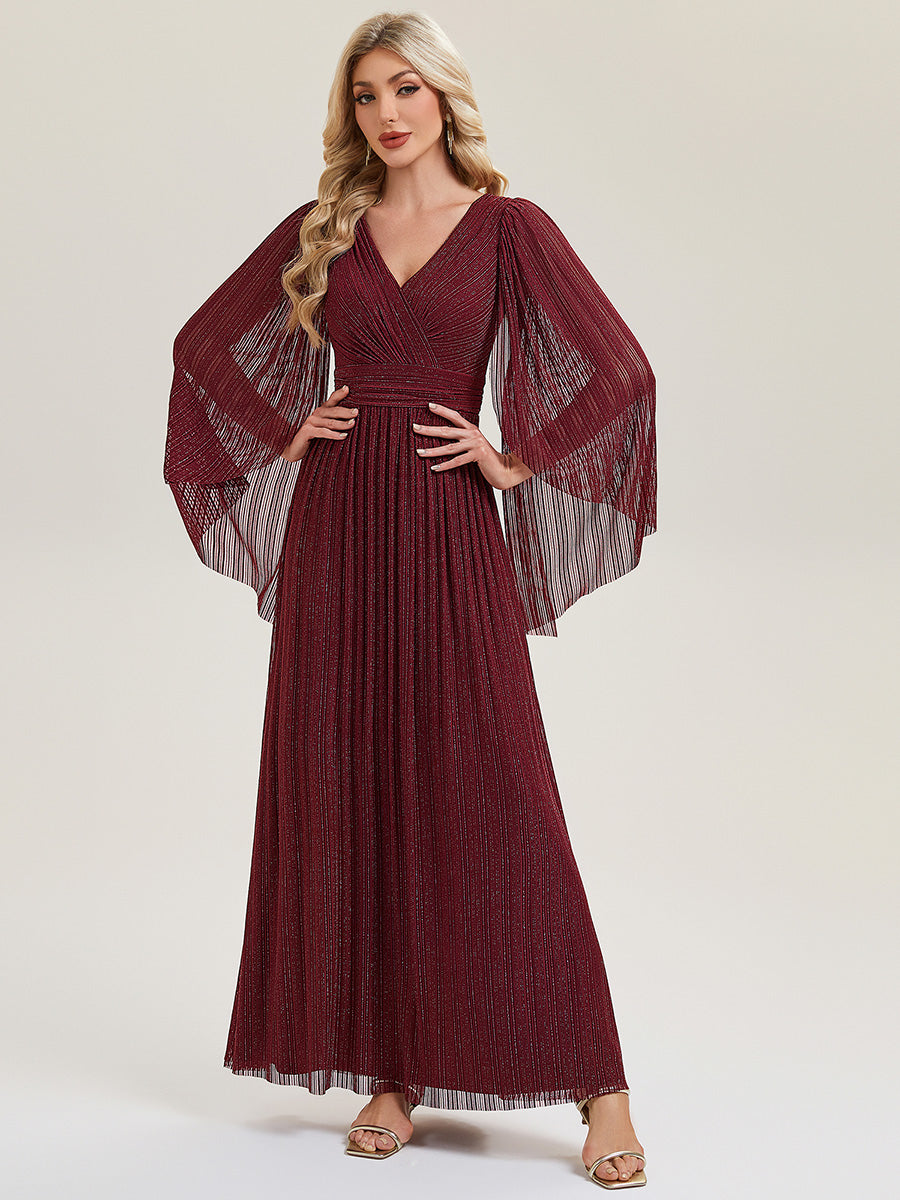 Bodenlanger A-Linien Mesh Kleid Mit Tiefem V-Ausschnitt Eleganz #Farbe_Burgunderrot