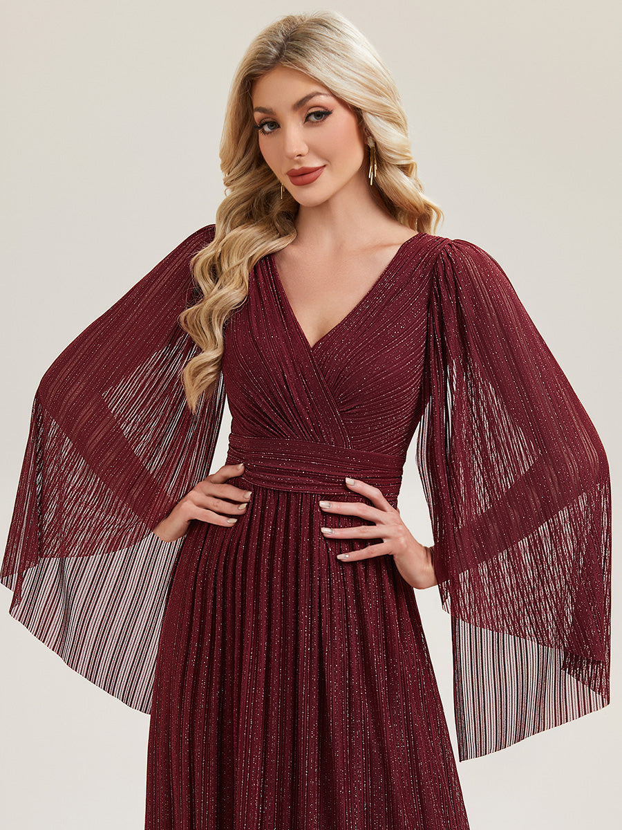 Bodenlanger A-Linien Mesh Kleid Mit Tiefem V-Ausschnitt Eleganz #Farbe_Burgunderrot