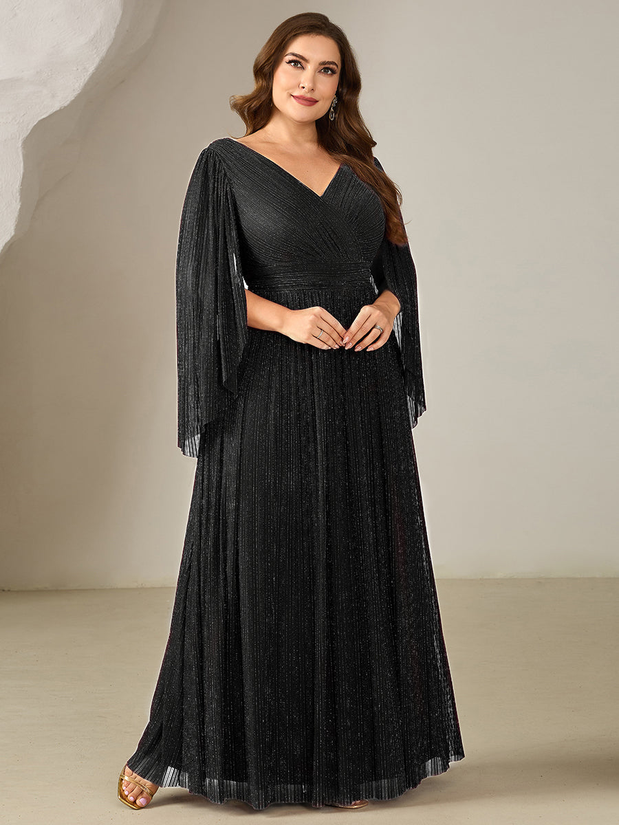 Bodenlanger A-Linien Mesh Kleid Mit Tiefem V-Ausschnitt Eleganz #Farbe_Schwarz