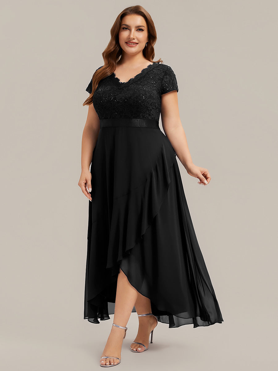 Asymmetrischer Saum, tiefer V-Ausschnitt, Chiffon-Kleid mit Rüschen-Patchwork – Hoch-Tief-Kleid #Farbe_Schwarz