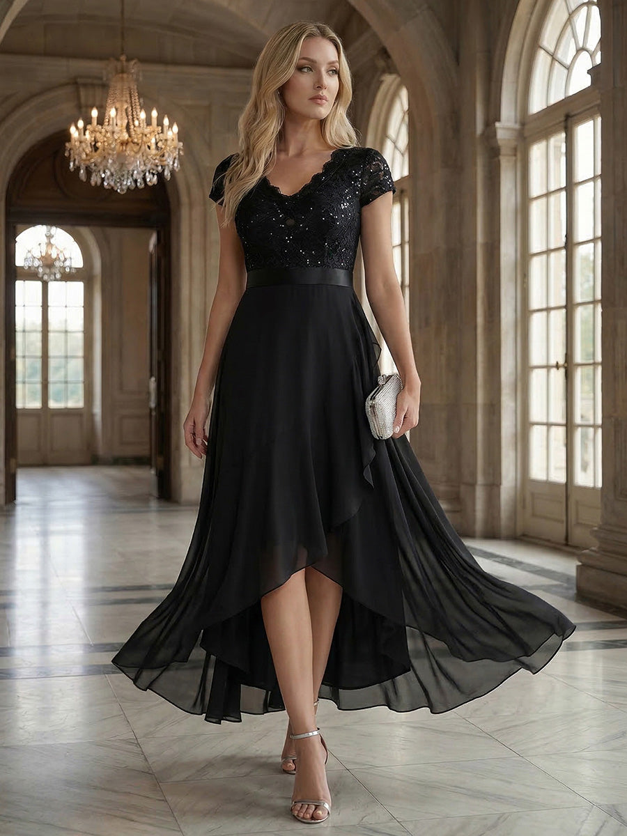 Asymmetrischer Saum, tiefer V-Ausschnitt, Chiffon-Kleid mit Rüschen-Patchwork – Hoch-Tief-Kleid #Farbe_Schwarz
