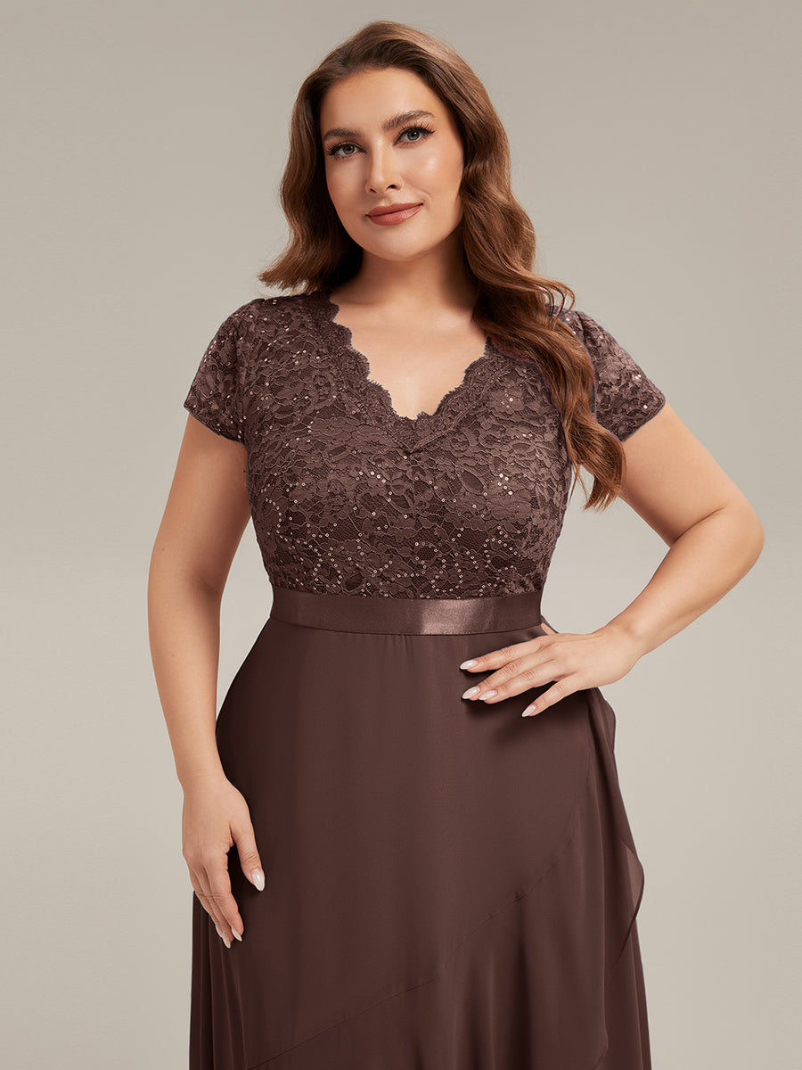 Asymmetrischer Saum, tiefer V-Ausschnitt, Chiffon-Kleid mit Rüschen-Patchwork – Hoch-Tief-Kleid #Farbe_Schokoladenbraun