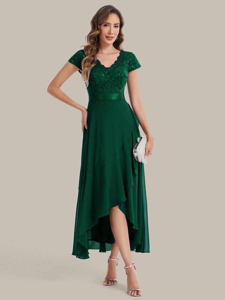 Asymmetrischer Saum, tiefer V-Ausschnitt, Chiffon-Kleid mit Rüschen-Patchwork – Hoch-Tief-Kleid #Farbe_Dunkelgrün
