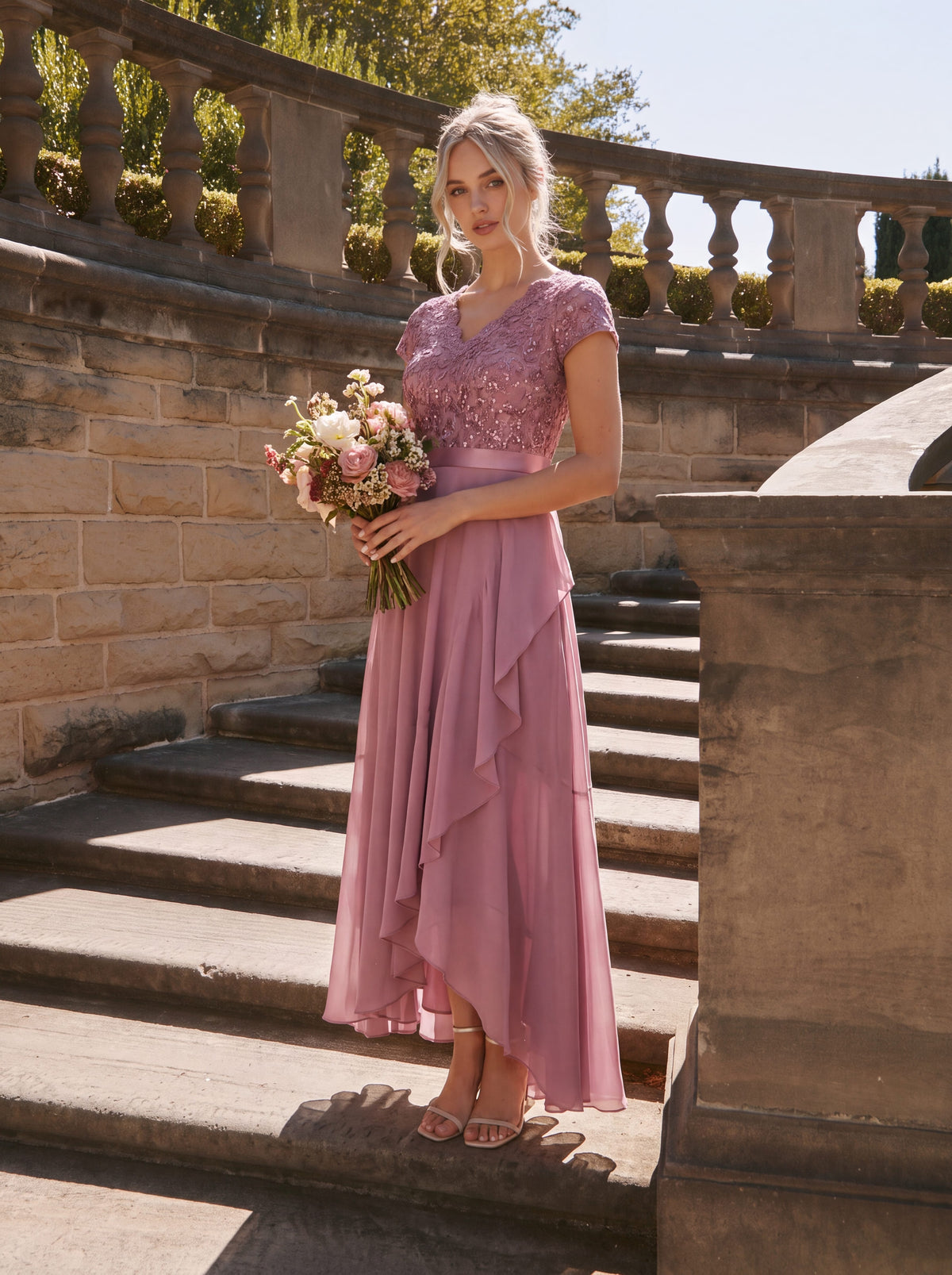 Asymmetrischer Saum, tiefer V-Ausschnitt, Chiffon-Kleid mit Rüschen-Patchwork – Hoch-Tief-Kleid #Farbe_Orchideenviolett