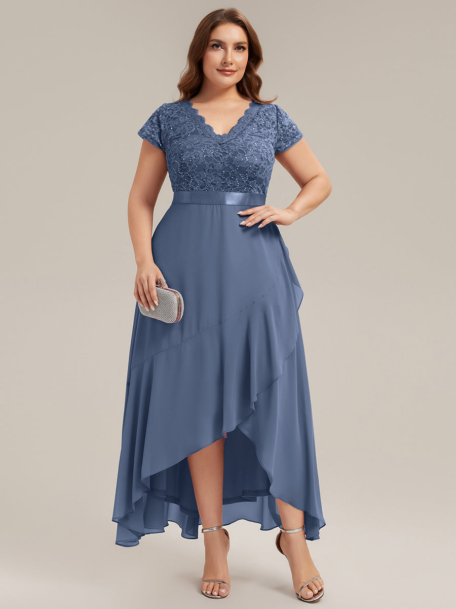 Asymmetrischer Saum, tiefer V-Ausschnitt, Chiffon-Kleid mit Rüschen-Patchwork – Hoch-Tief-Kleid #Farbe_Taubenblau