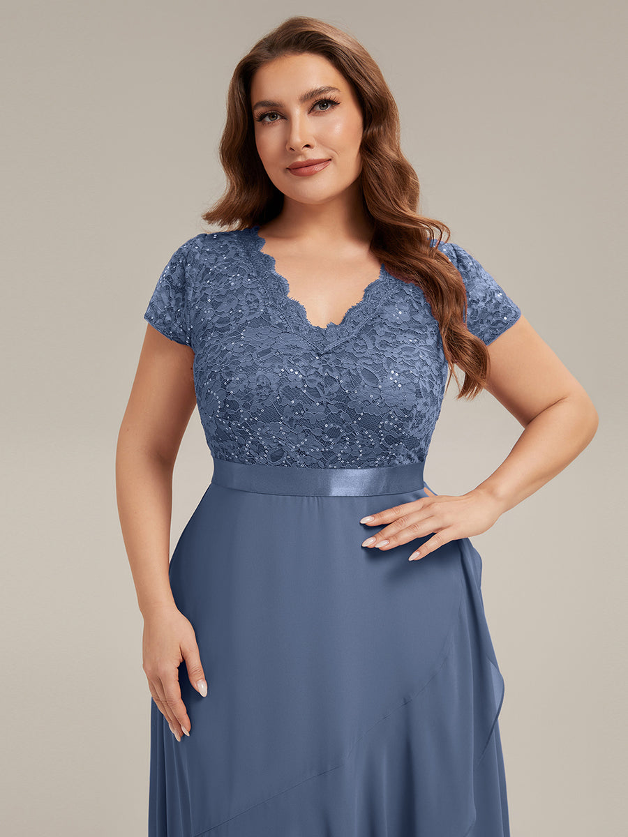 Asymmetrischer Saum, tiefer V-Ausschnitt, Chiffon-Kleid mit Rüschen-Patchwork – Hoch-Tief-Kleid #Farbe_Taubenblau