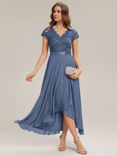Asymmetrischer Saum, tiefer V-Ausschnitt, Chiffon-Kleid mit Rüschen-Patchwork – Hoch-Tief-Kleid #Farbe_Taubenblau